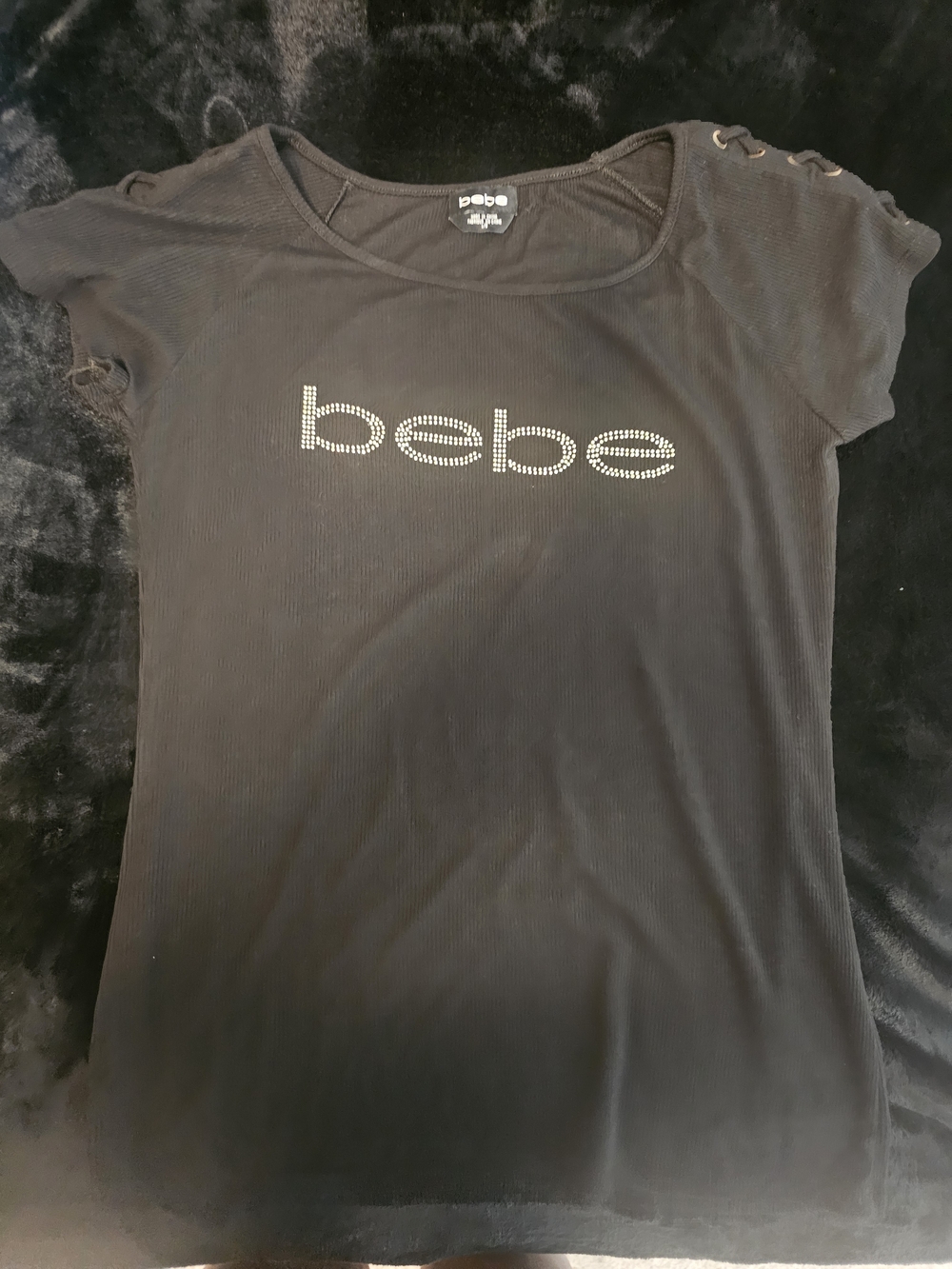 bebe Black Short Sleeve Logo Tee with Crystal Detail
